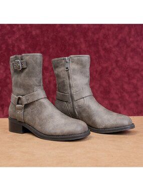 Open Edit Women Jab Moto Festival Grey Vegan Leather Harness Boots sz 9.5